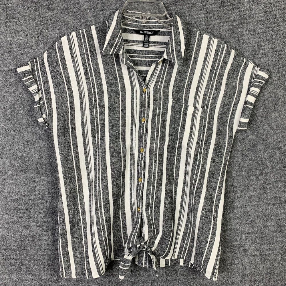 Ellen Tracy Cap Sleeve Linen Blend Crop Top Women M Tie Waist Striped Gray White
